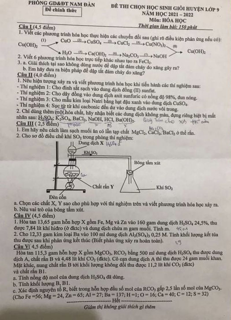 Đề thi HSG m&ocirc;n H&oacute;a Học lớp 9 tại Nam Đ&agrave;n, Nghệ An năm 2021