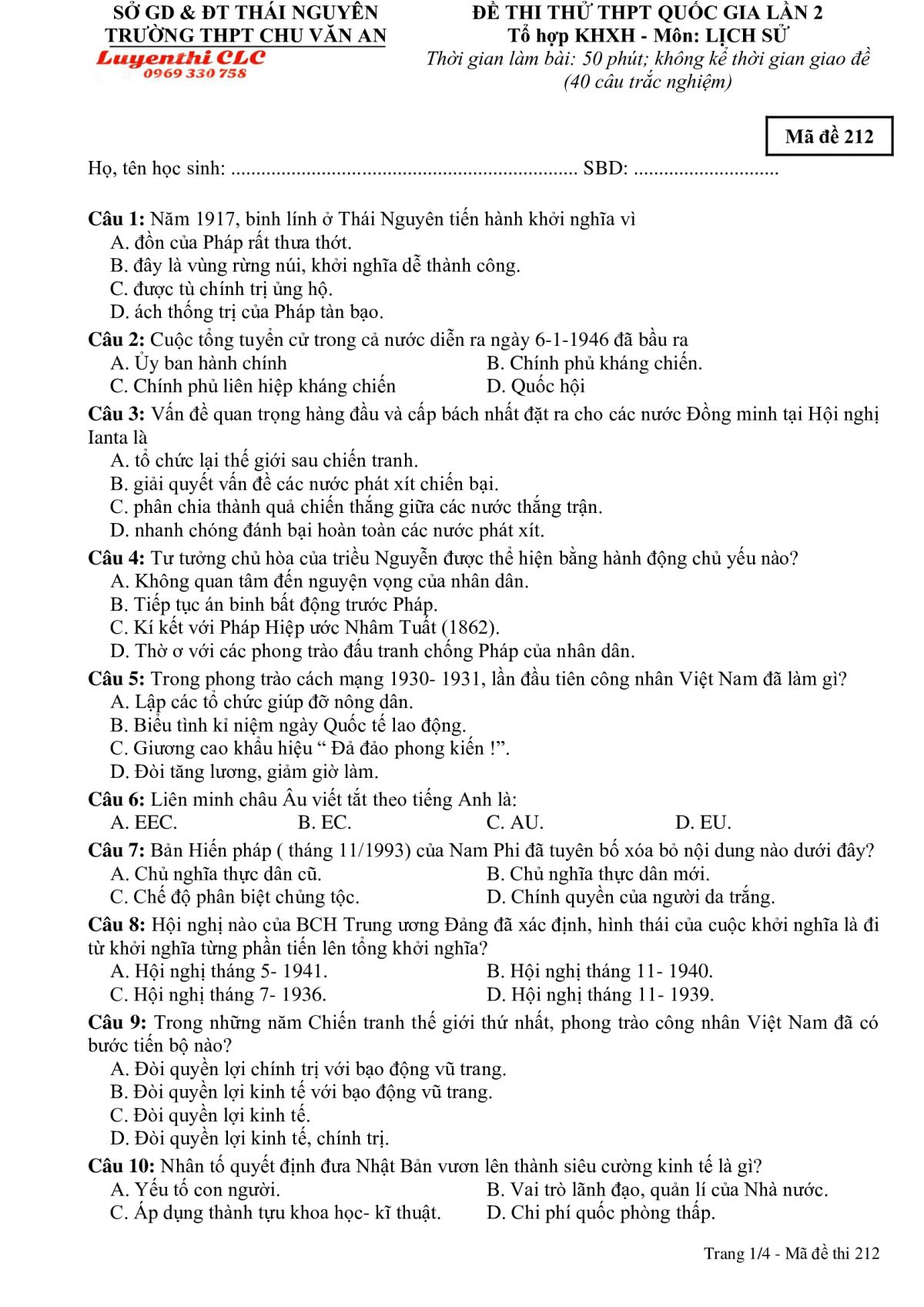 Đề thi thử THPT Quốc Gia lần 2 m&ocirc;n Lịch Sử - m&atilde; đề 212 Trường THPT Chu Văn An tỉnh Th&aacute;i Nguy&ecirc;n