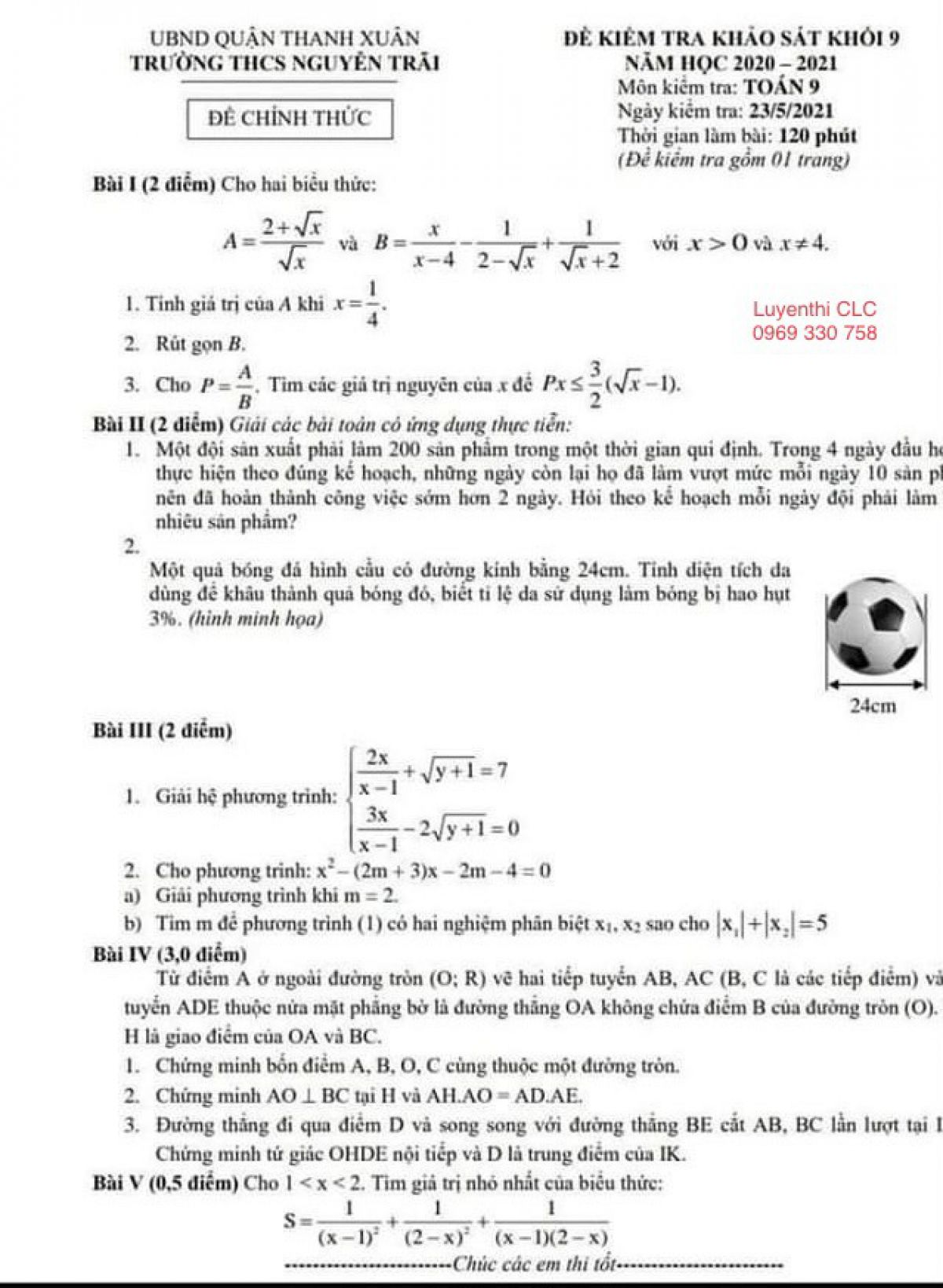 Đề kiểm tra khảo s&aacute;t m&ocirc;n To&aacute;n khối 9 Trường THCS Nguyễn Tr&atilde;i, quận Hai B&agrave; Trưng, H&agrave; Nội năm 2021