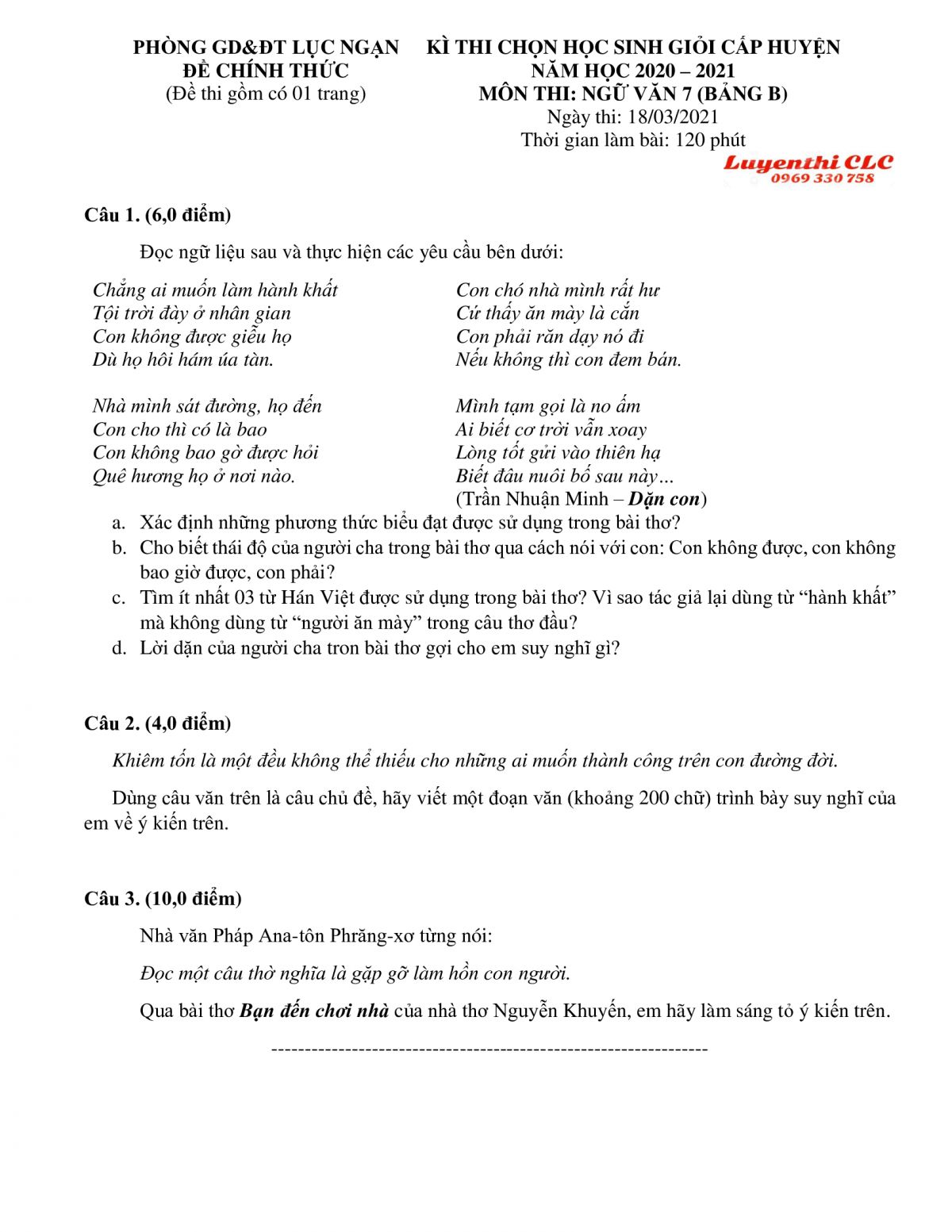 Đề thi chọn HSG cấp huyện m&ocirc;n Ngữ Văn lớp 7 (Bảng B) huyện Lục Ngạn, tỉnh Bắc Giang năm 2021