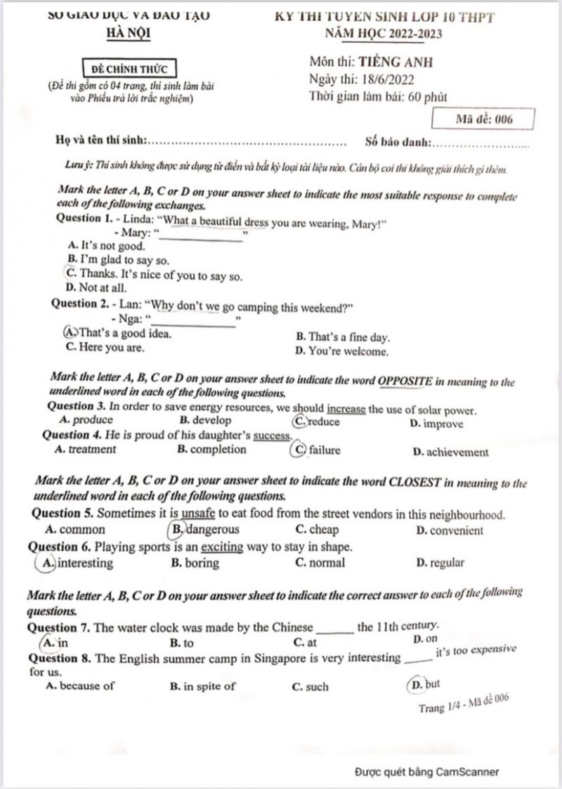 Đề thi tuyển sinh vào lớp 10 THPT môn Tiếng Anh tại Hà Nội năm 2022