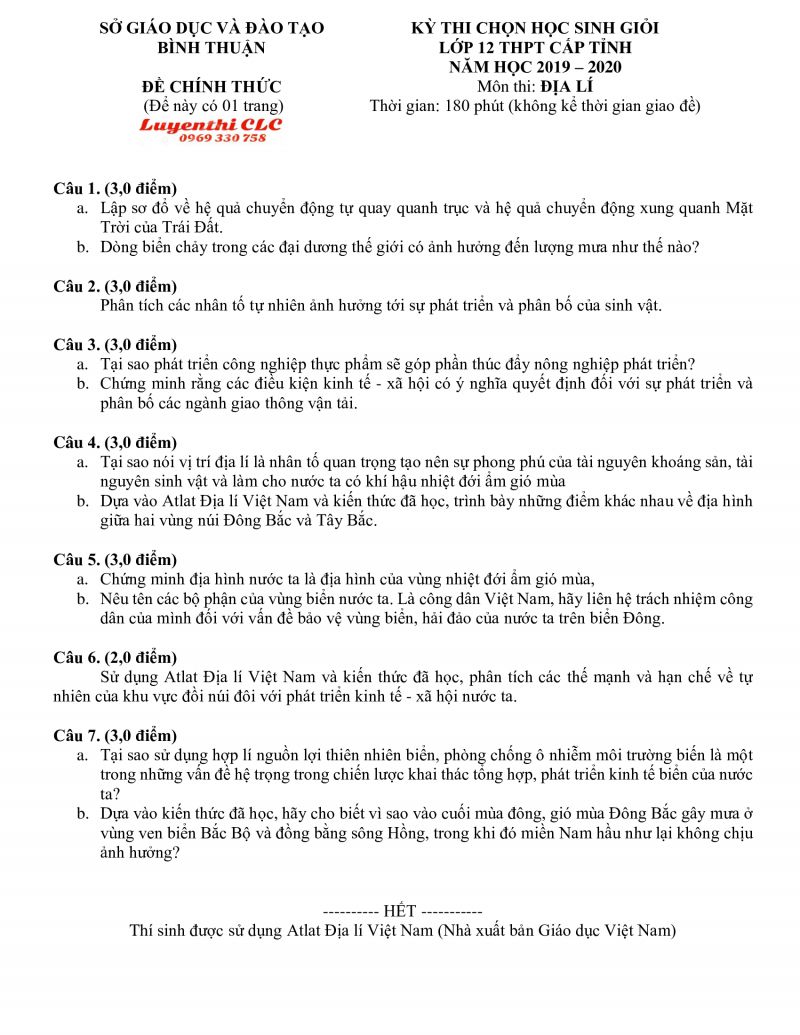 Đề thi chọn HSG m&ocirc;n Địa L&iacute; lớp 12 tỉnh B&igrave;nh Thuận năm 2020