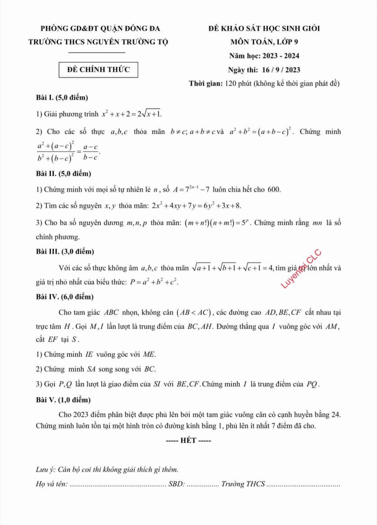 Đề thi khảo sát môn Toán lớp 9 Trường THCS Nguyễn Trường Tộ, quận Đống Đa, Hà Nội năm 2023