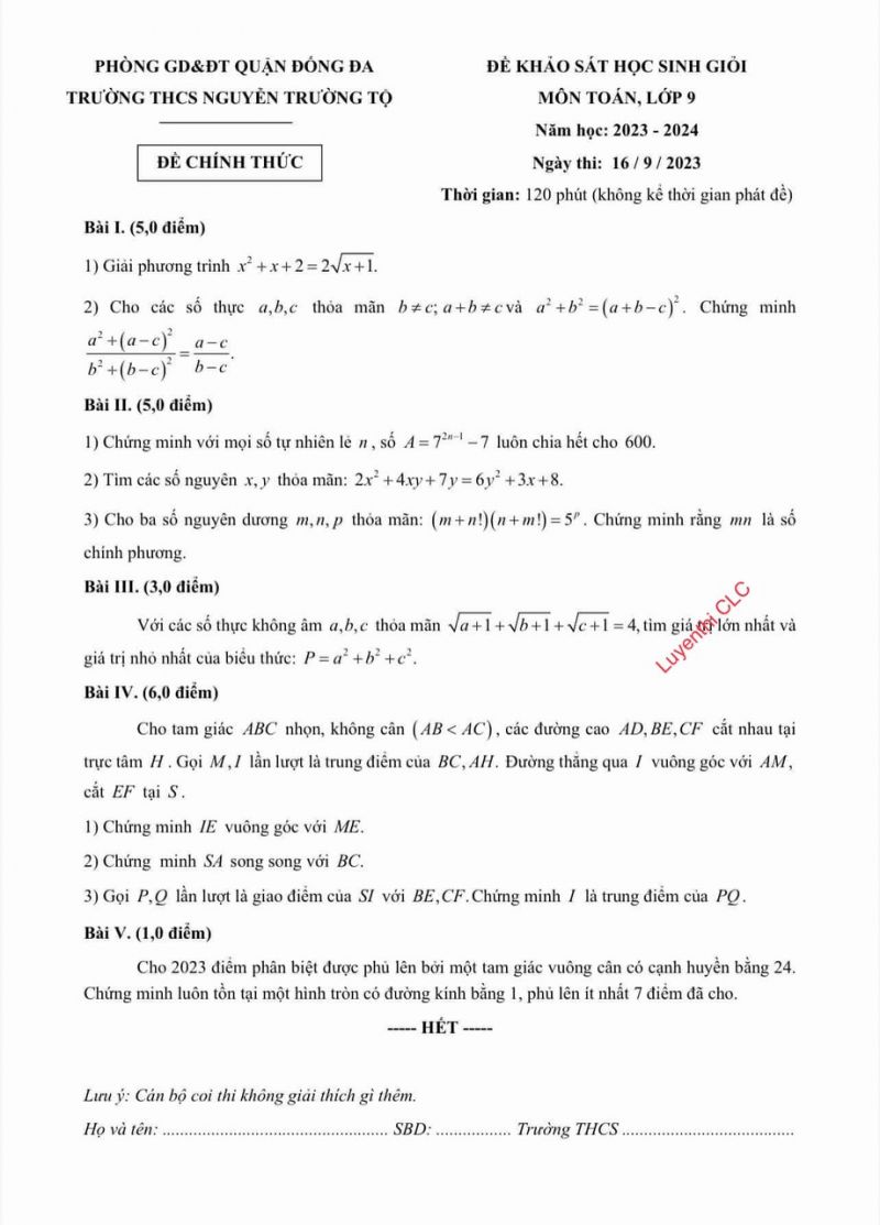 Đề thi khảo s&aacute;t m&ocirc;n To&aacute;n lớp 9 Trường THCS Nguyễn Trường Tộ, quận Đống Đa, H&agrave; Nội năm 2023