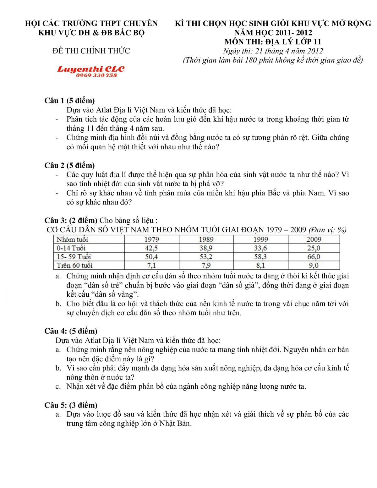 Đề thi chọn HSG c&aacute;c Trường THPT CHUY&Ecirc;N khu vực DH &amp; ĐB Bắc Bộ m&ocirc;n Địa L&yacute; lớp 11 năm 2012