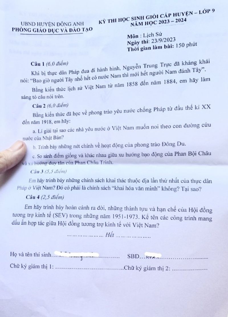 Đề thi HSG m&ocirc;n Lịch Sử lớp 9 huyện Đ&ocirc;ng Anh, H&agrave; Nội năm 2023