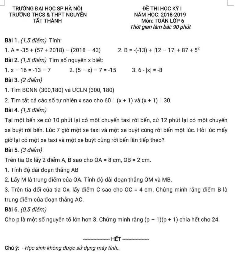 Đề thi học kì I môn Toán lớp 6 Trường THCS &amp; THPT Nguyễn Tất Thành năm 2018