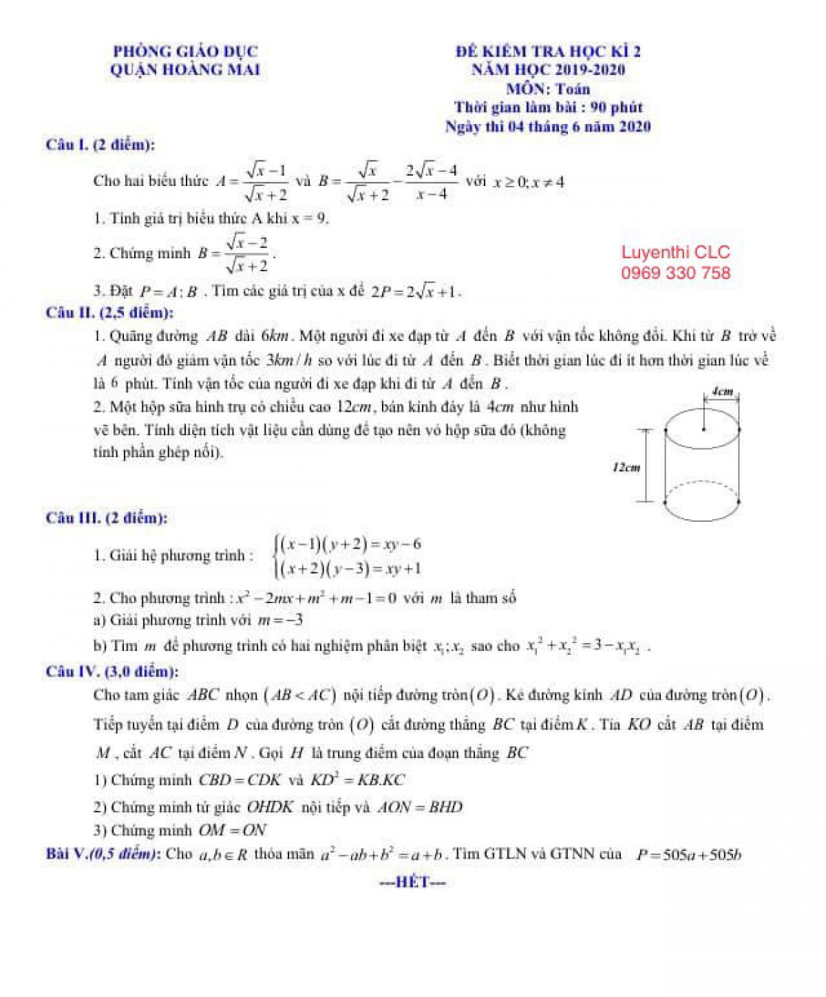 Đề kiểm tra học k&igrave; II m&ocirc;n To&aacute;n lớp 9 quận Ho&agrave;ng Mai, H&agrave; Nội năm 2020