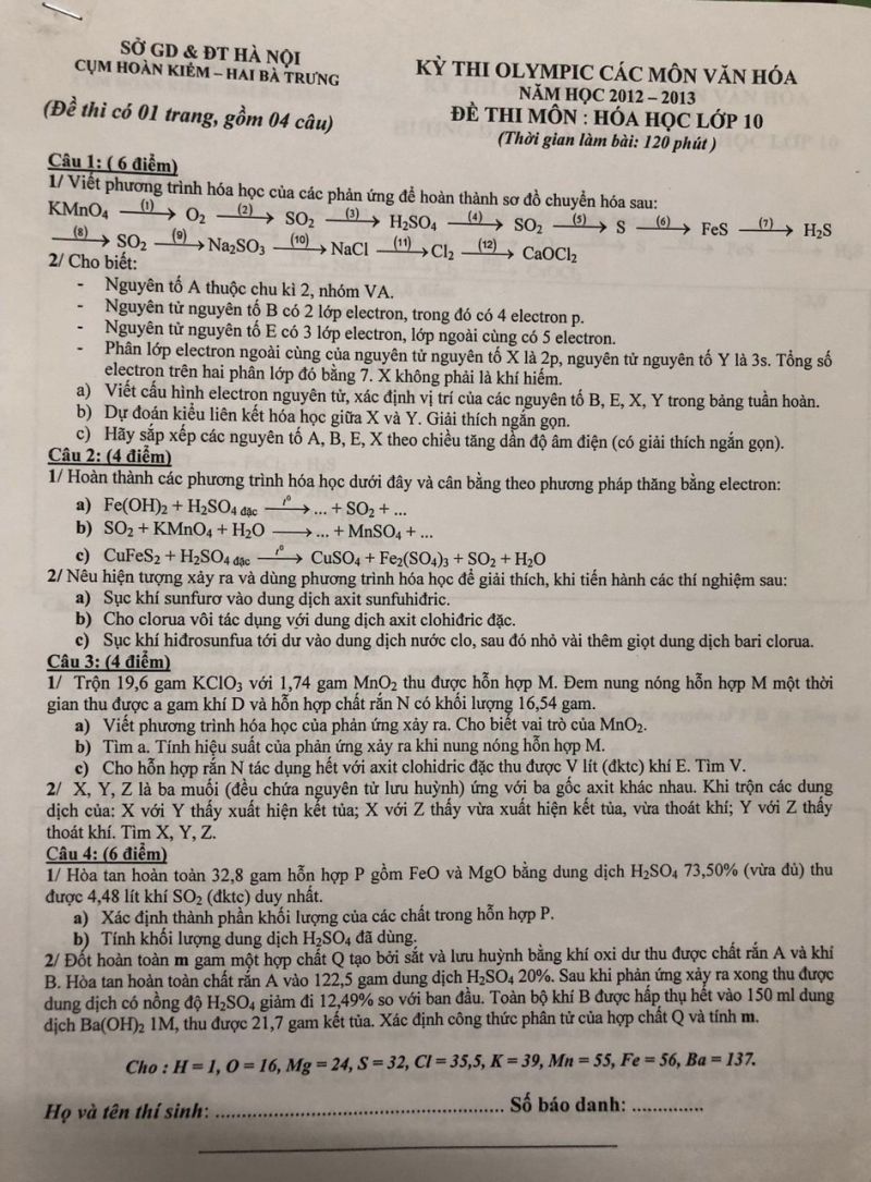 Đề thi Olympic môn Hóa Học lớp 10 Cụm Hoàn Kiếm - Hai Bà Trưng, Hà Nội năm 2013