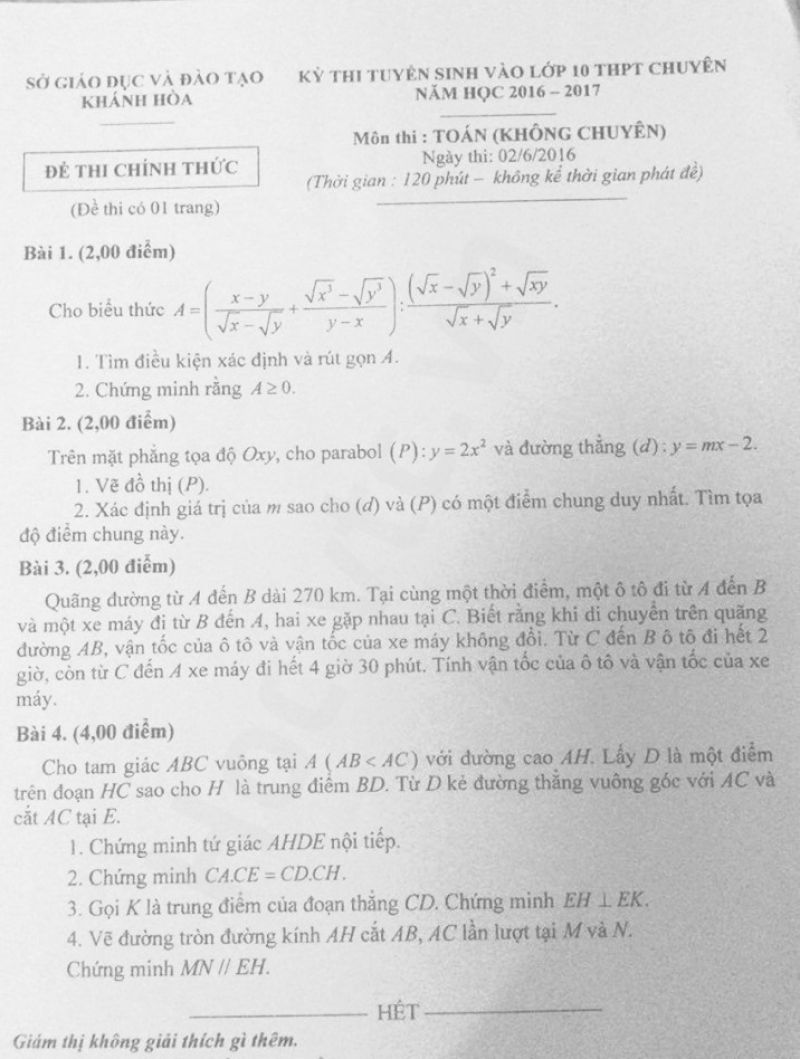 Đề thi tuyển sinh vào lớp 10 THPT môn Toán tỉnh Khánh Hòa năm 2016