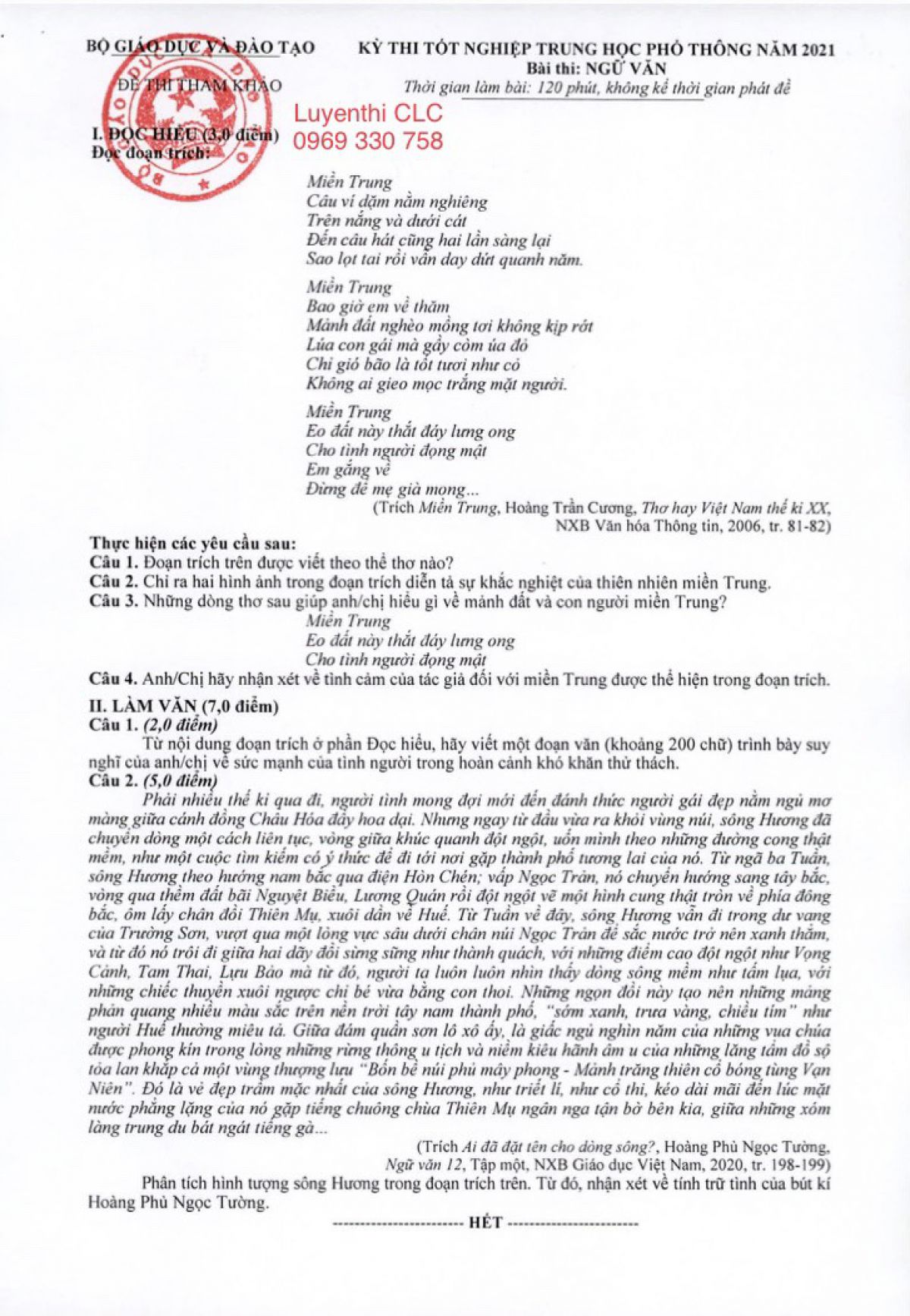Đề thi tốt nghiệp trung học phổ th&ocirc;ng m&ocirc;n Ngữ Văn năm 2021 (Đề tham khảo)