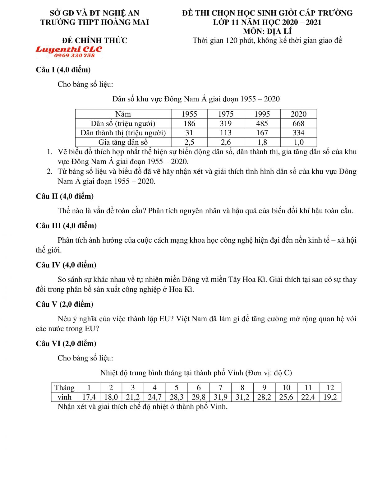 Đề thi chọn HSG m&ocirc;n Địa L&yacute; lớp 11 Trường THPT Ho&agrave;ng Mai, tỉnh Nghệ An năm 2021