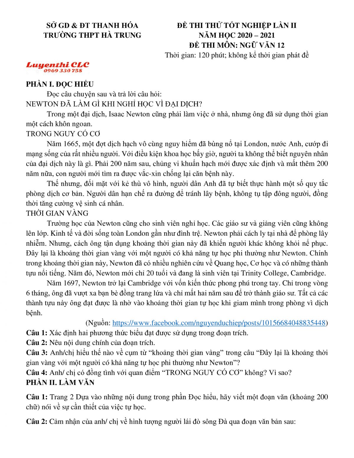Đề thi thử tốt nghiệp môn Ngữ Văn lần 2 Trường THPT Hà Trung tỉnh Thanh Hóa năm 2022