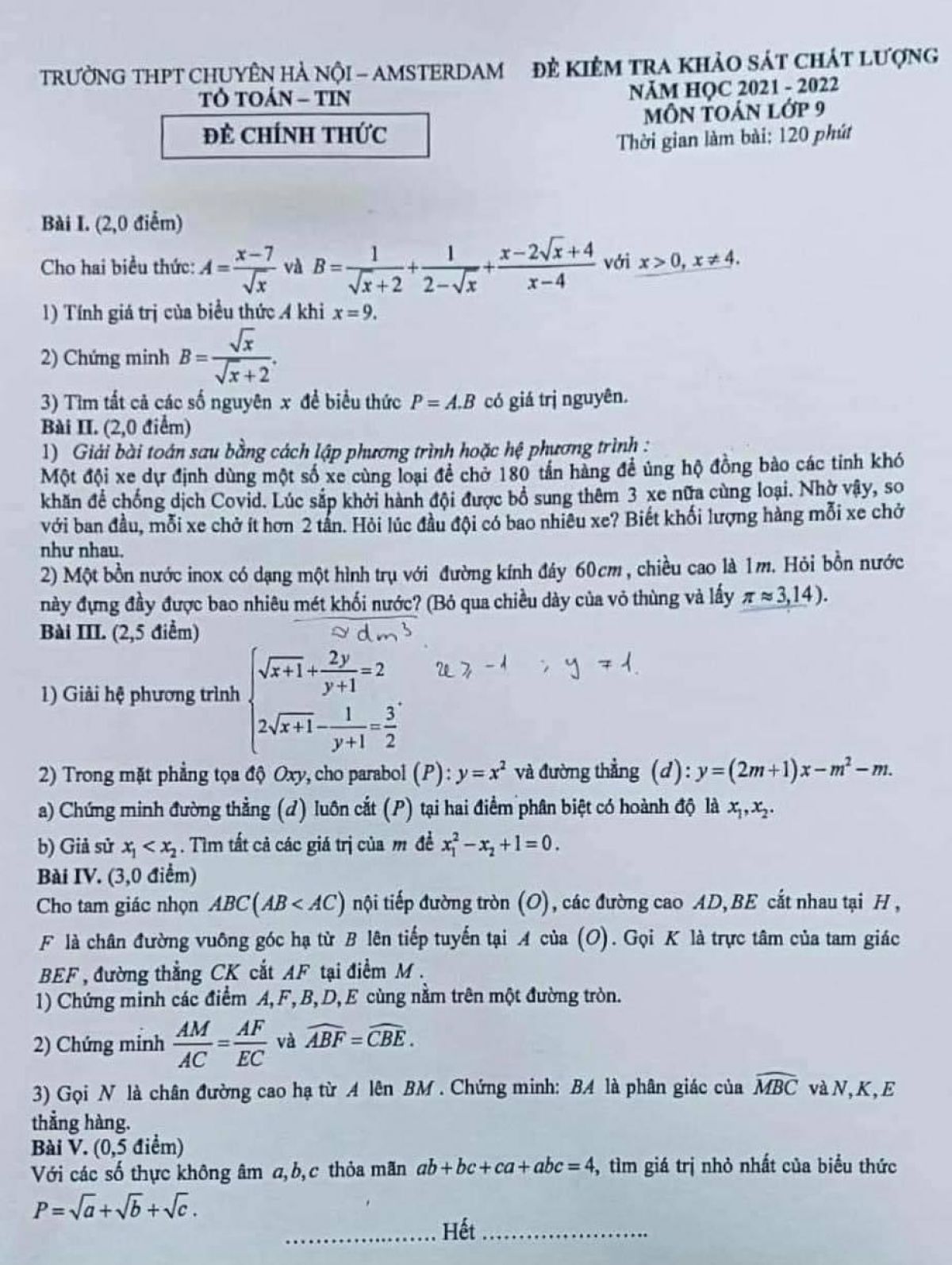 Đề kiểm tra khảo sát chất lượng môn Toán lớp 9 Trường THPT CHUYÊN Hà Nội Amsterdam năm 2022