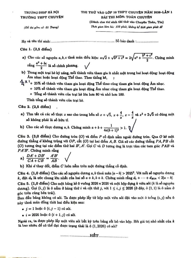 Đề thi thử To&aacute;n chuy&ecirc;n, Trường THPT chuy&ecirc;n Sư phạm lần 1, năm 2026
