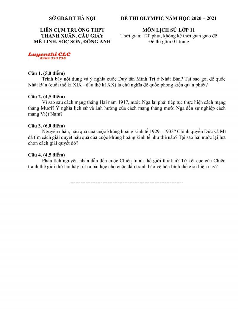 Đề thi Olympic môn Lịch Sử lớp 11 Thành phố Hà Nội năm 2021