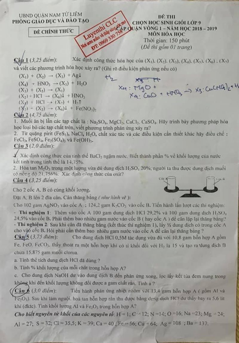 Đề thi chọn HSG lớp 9 cấp quận vòng 1 môn Hóa Học quận Nam Từ Liêm, Hà Nội năm 2018
