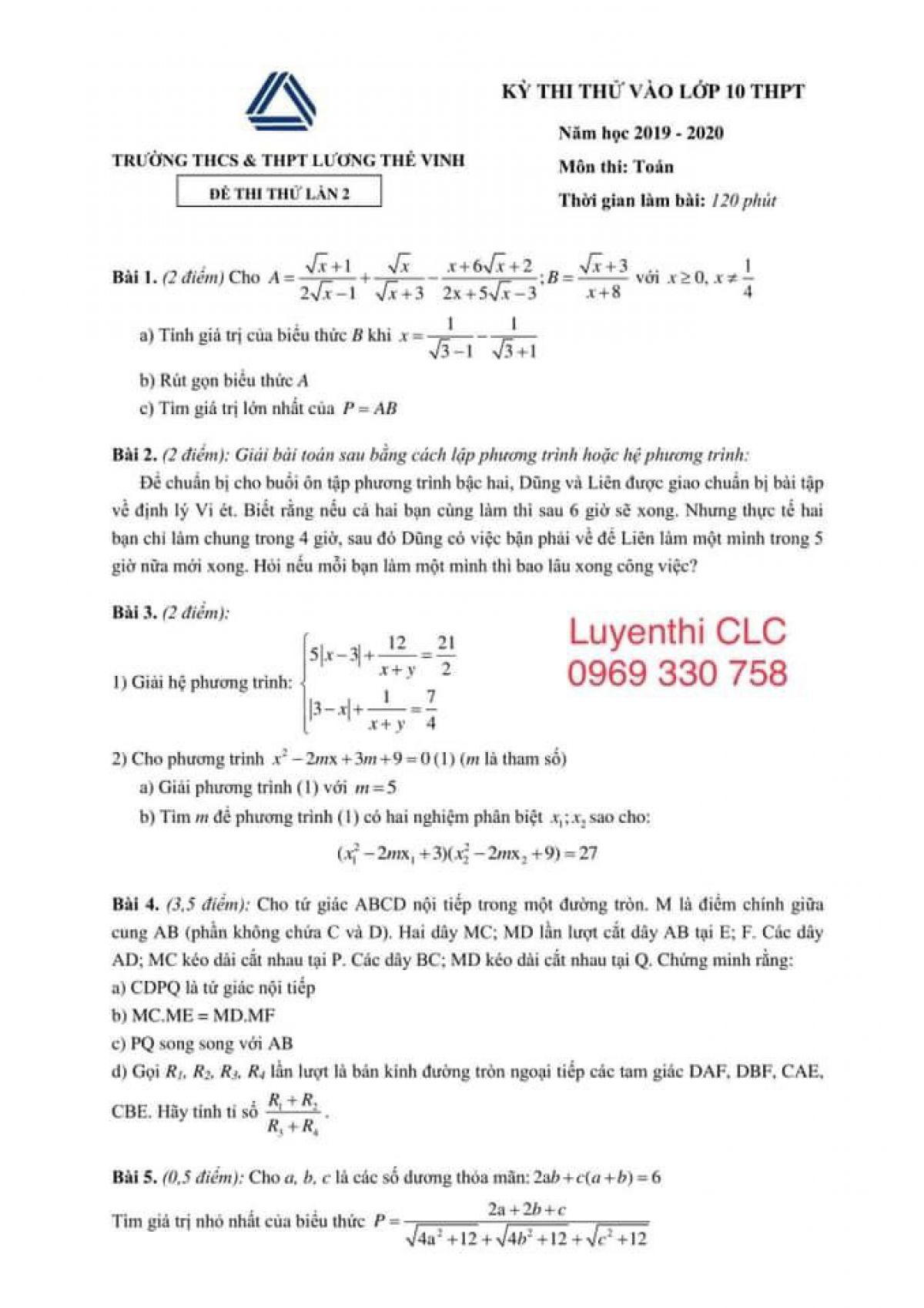 Đề thi thử v&agrave;o lớp 10 THPT m&ocirc;n To&aacute;n Trường THCS &amp; THPT Lương Thế Vinh năm 2019 ( Đề thi thử lần 2)