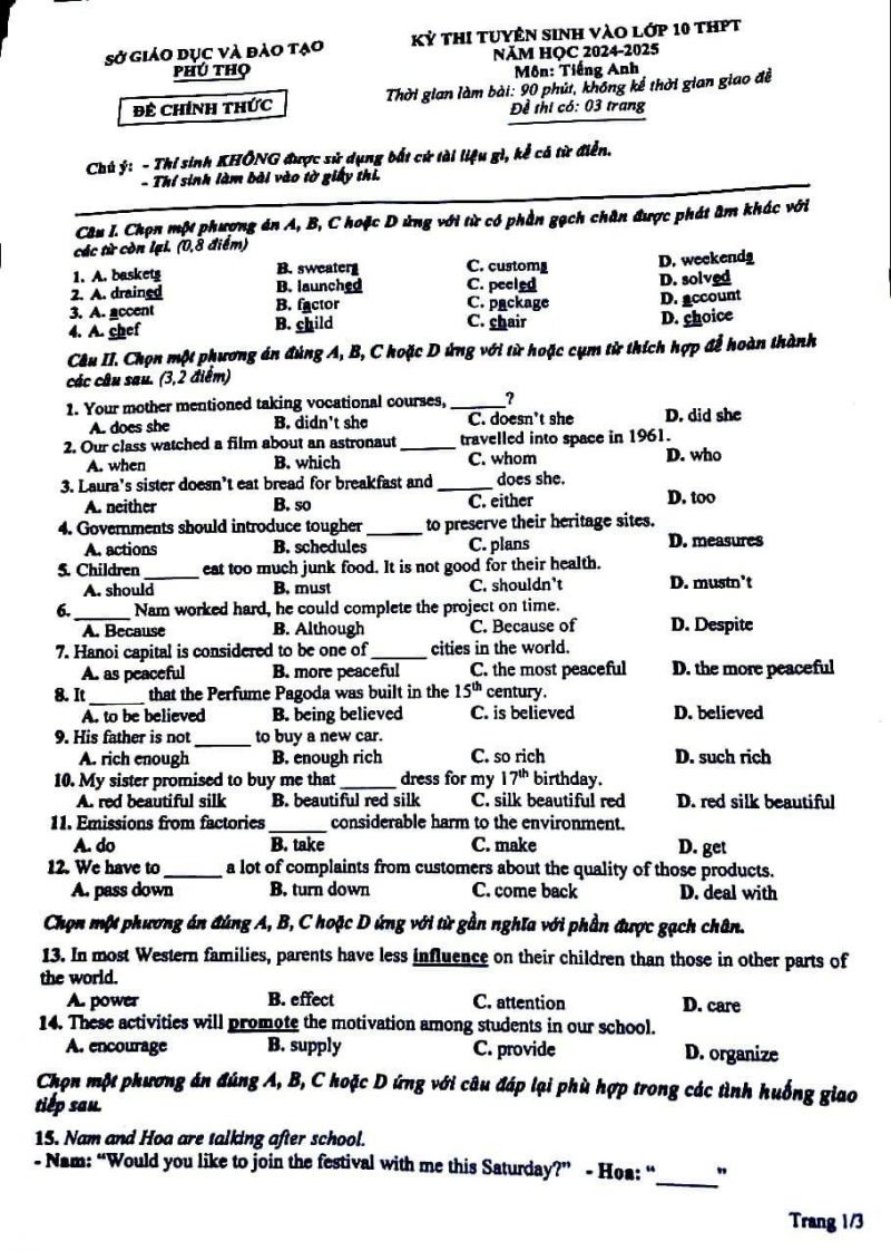 Đề thi và đáp án vào lớp 10 THPT môn Tiếng Anh sở GD&amp;ĐT tỉnh Phú Thọ năm 2024-2025