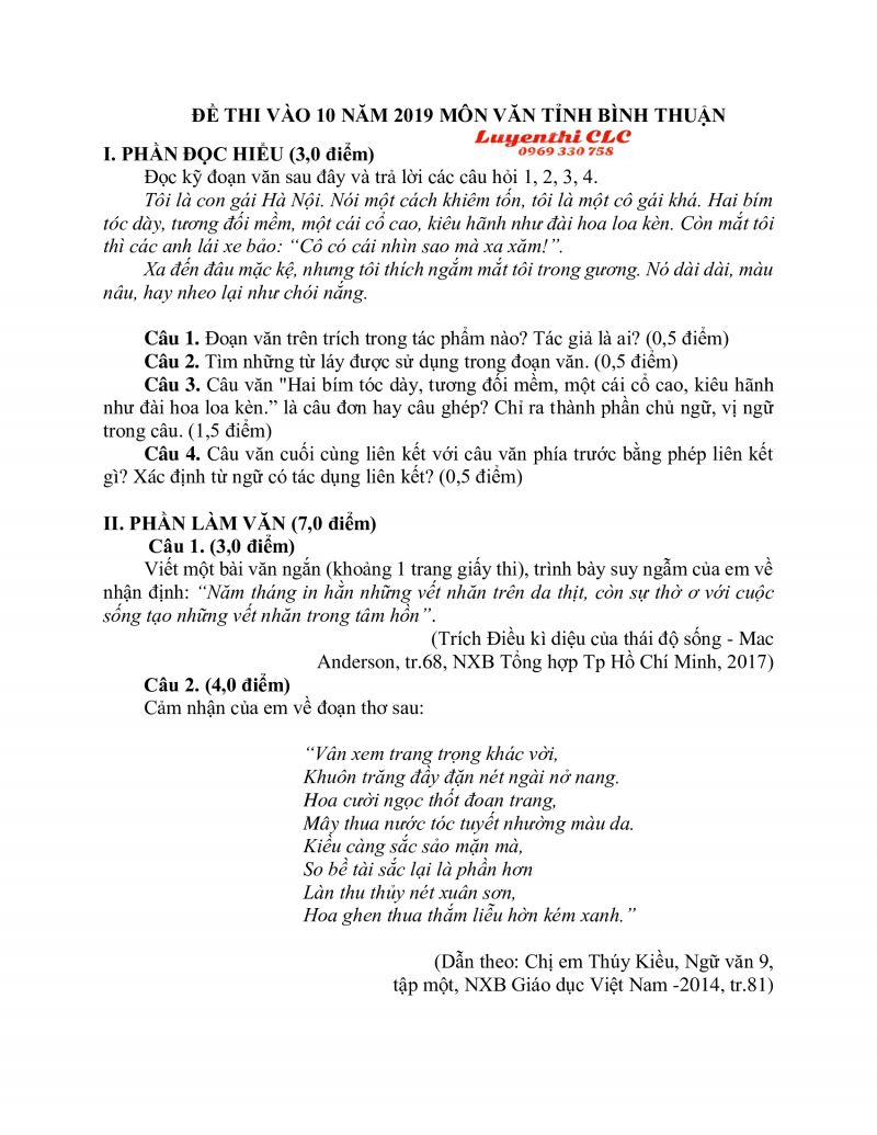 Đề thi tuyển sinh v&agrave;o 10 m&ocirc;n Ngữ Văn tỉnh B&igrave;nh Thuận năm 2019