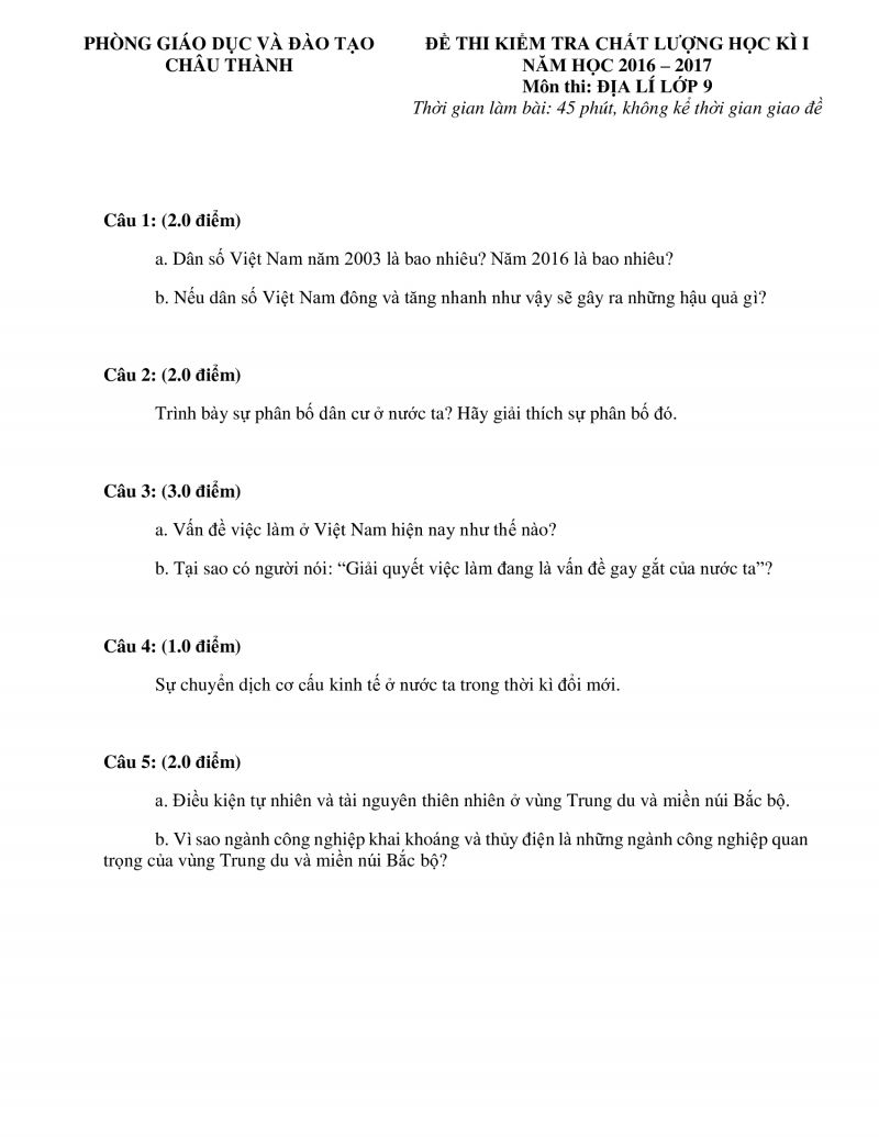 Đề kiểm tra chất lượng học k&igrave; I m&ocirc;n Địa L&iacute; lớp 9 huyện Ch&acirc;u Th&agrave;nh, Đồng Th&aacute;p  năm 2017