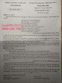 Đề kiểm tra học kì I môn NGỮ VĂN LỚP 9 - quận Đống Đa năm học 2019 - 2020