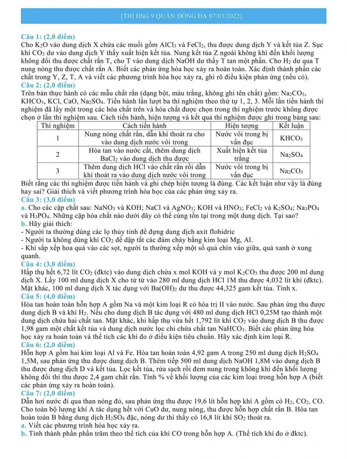Đề thi HSG và đáp án môn Hóa Học lớp 9 quận Đống Đa, Hà Nội năm 2022