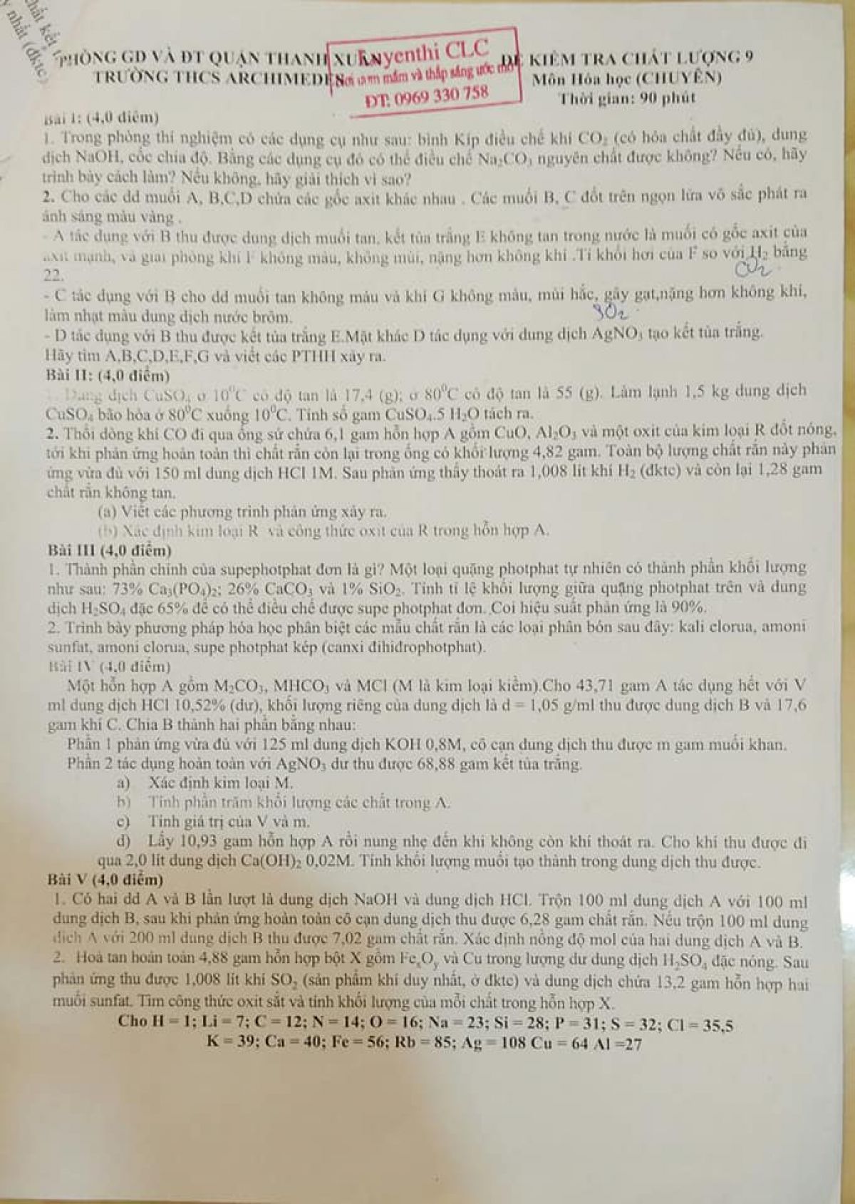 Đề kiểm tra chất lượng m&ocirc;n H&oacute;a Học 9 (chuy&ecirc;n) Trường THCS Archimedes