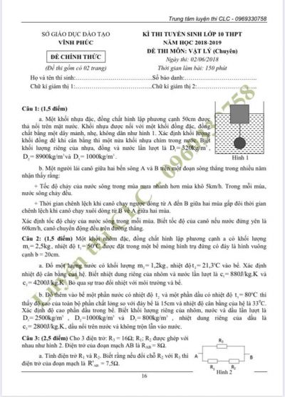 Đề thi và đáp án môn Lý - tuyển sinh vào lớp 10 THPT chuyên Vĩnh Phúc năm 2018 - 2019