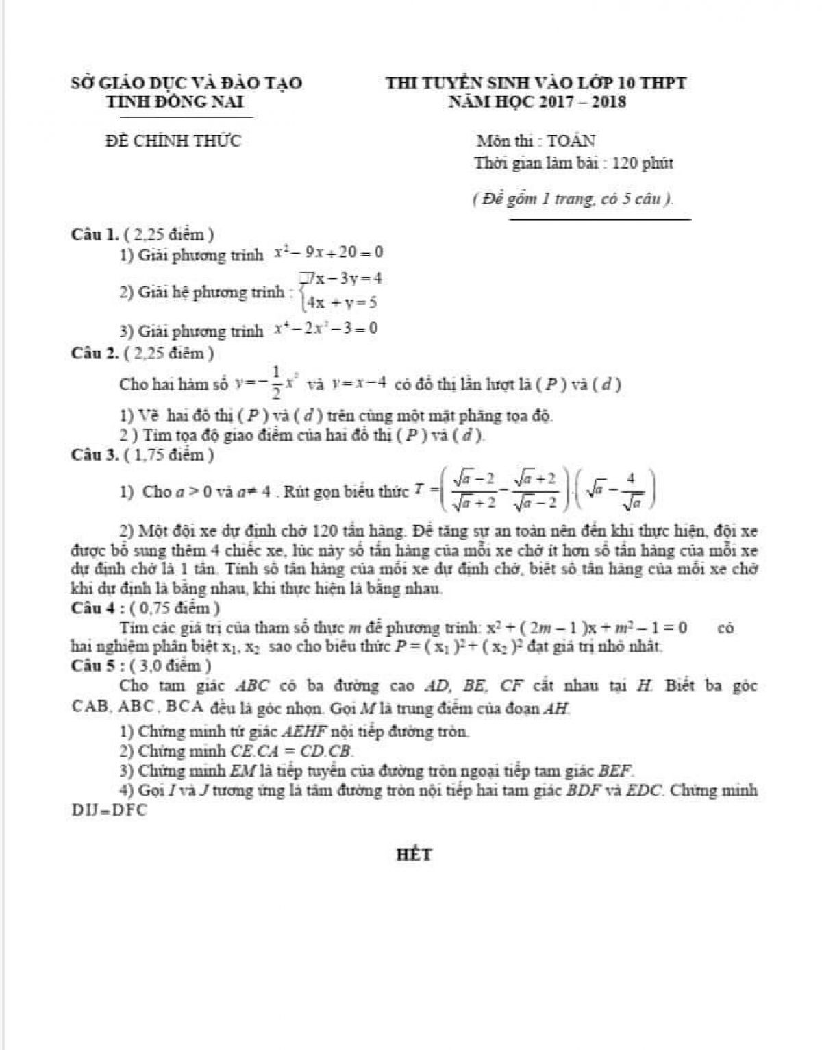 Đề thi tuyển sinh v&agrave;o lớp 10 THPT v&agrave; đ&aacute;p &aacute;n m&ocirc;n To&aacute;n tỉnh Đồng Nai năm 2018