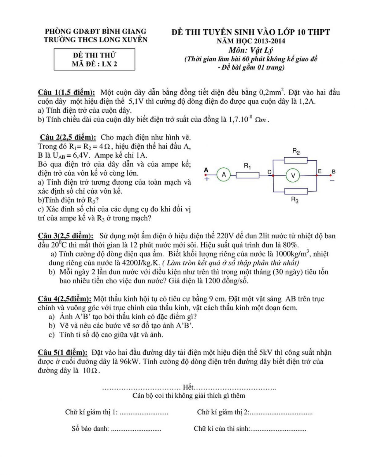 Đề thi thử vào lớp 10 và đáp án môn Vật lý Trường THCS Long Xuyên, Bình Giang, Hải Dương năm 2013