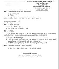 Đề khảo sát chất lượng giữa học kì I  môn Toán lớp 8 năm 2019