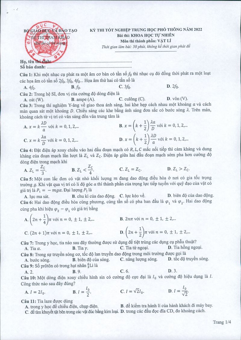 Đề thi tốt nghiệp THPT môn Vật Lí năm 2022 ( Đề tham khảo)