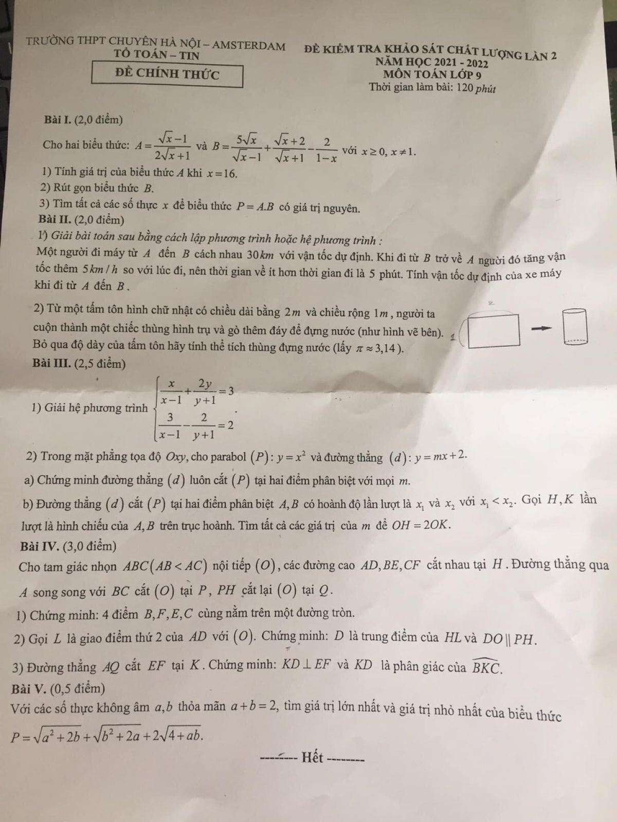 Đề kiểm tra khảo sát chất lượng môn Toán lớp 9 lần 2 Trường THPT CHUYÊN Hà Nội Asterdam năm 2022