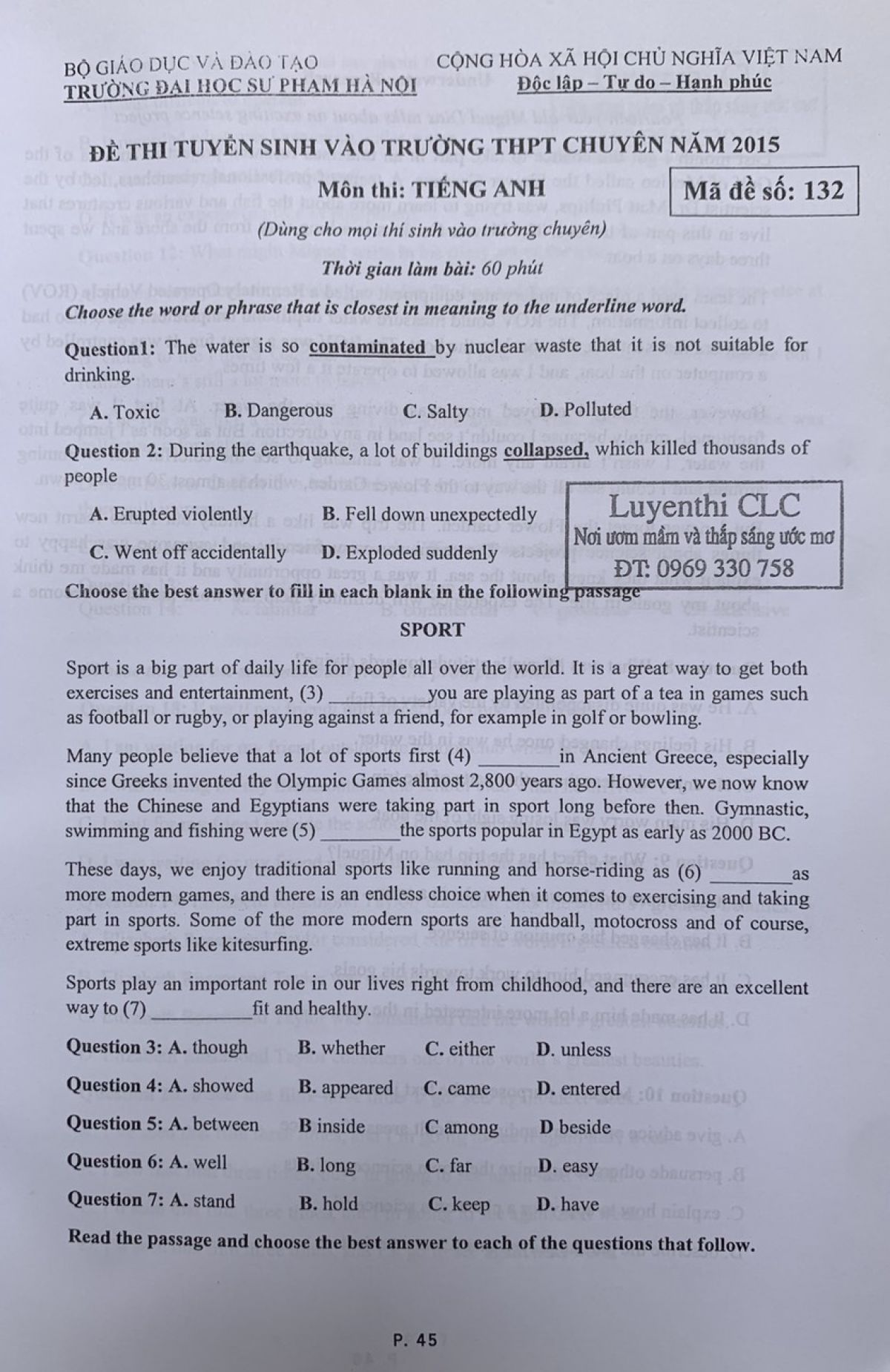 Đề thi tuyển sinh v&agrave;o Trường THPT CHUY&Ecirc;N v&agrave; đ&aacute;p &aacute;n m&ocirc;n Tiếng Anh ( d&agrave;nh cho mọi th&iacute; sinh ) Trường Đại học Sư phạm H&agrave; Nội năm 2015