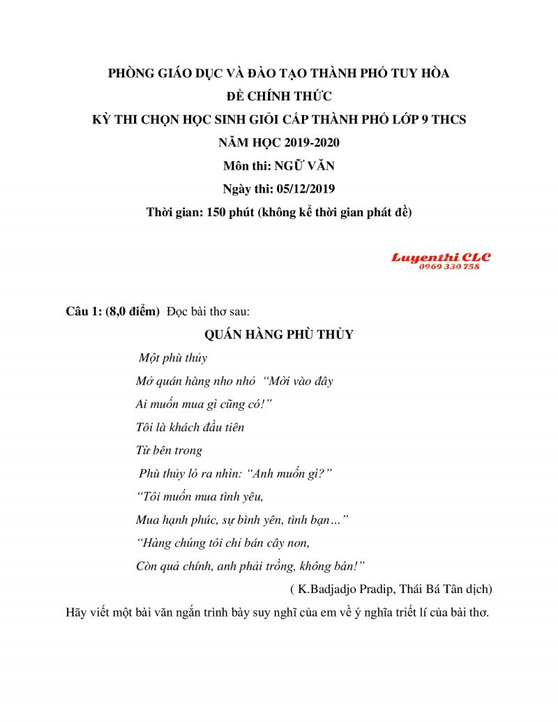 Đề thi chọn HSG m&ocirc;n Ngữ Văn lớp 9 THCS th&agrave;nh phố Tuy H&ograve;a tỉnh Ph&uacute; Y&ecirc;n năm 2019