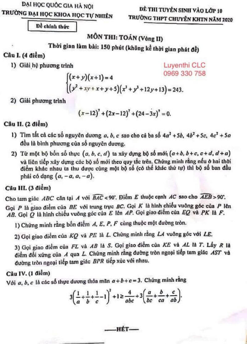 Đề thi m&ocirc;n To&aacute;n (chuy&ecirc;n)- tuyển sinh v&agrave;o lớp 10 THPT chuy&ecirc;n ĐHKHTN H&agrave; Nội năm 2020