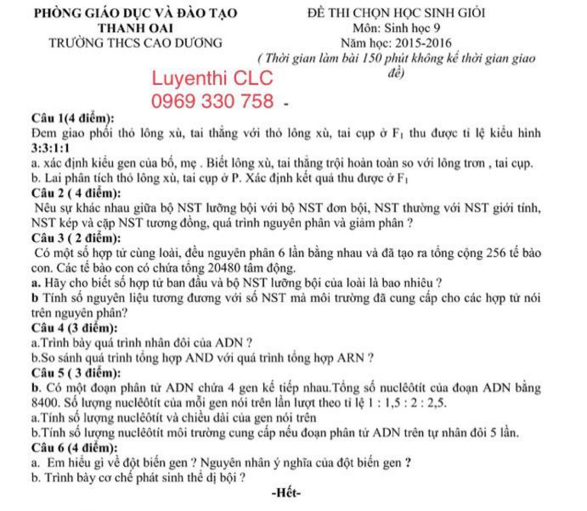Đề thi HSG môn sinh học lớp 9 - trường THCS Cao Dương, Thanh Oai