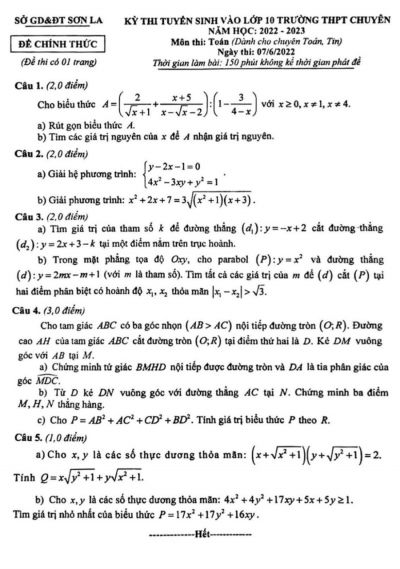 Đề thi tuyển sinh vào lớp 10 THPT CHUYÊN môn Toán tỉnh Sơn La năm 2022