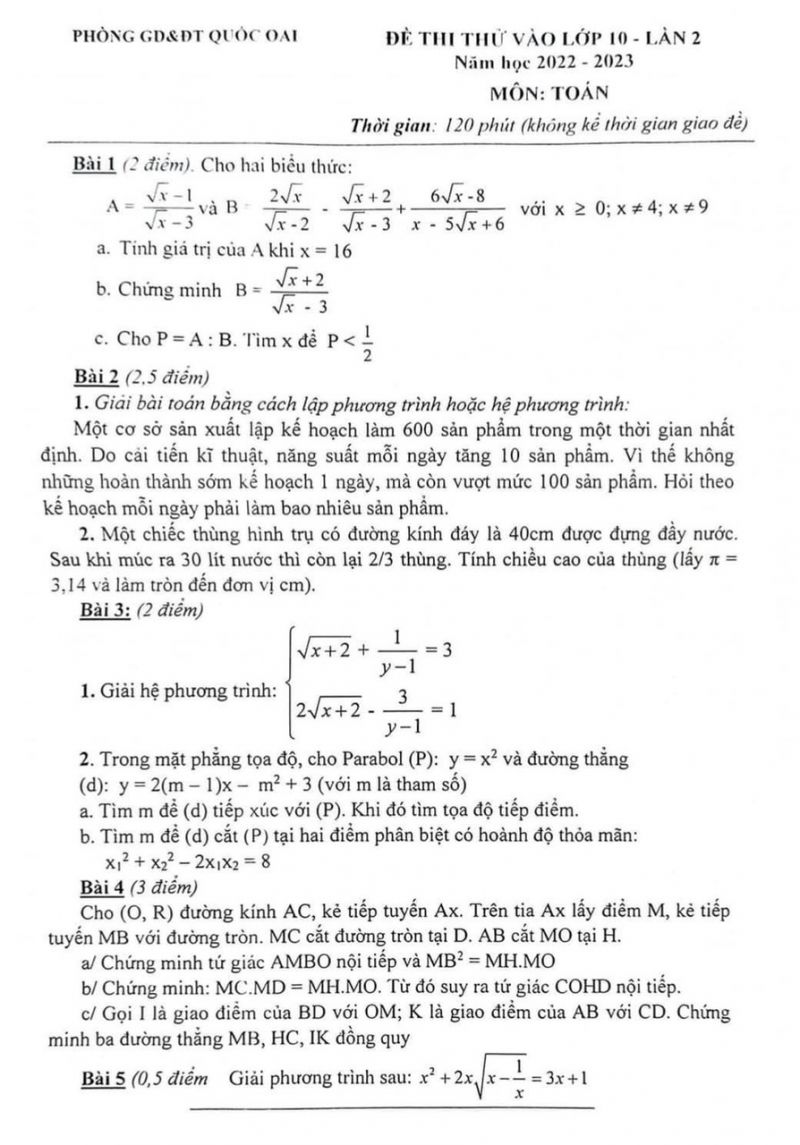 Đề thi thử tuyển sinh vào lớp 10 môn Toán lần 2 tại Quốc Oai, Hà Nội năm 2022