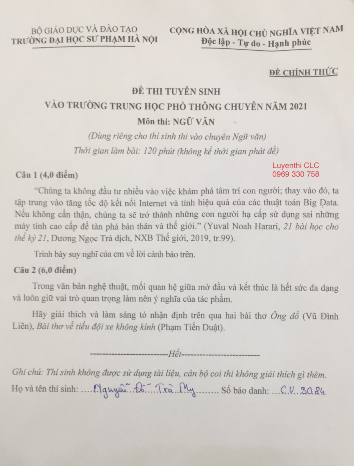 Đề thi tuyển sinh v&agrave;o trường THPT CHUY&Ecirc;N m&ocirc;n Ngữ Văn Trường Đại học Sư phạm H&agrave; Nội năm 2021