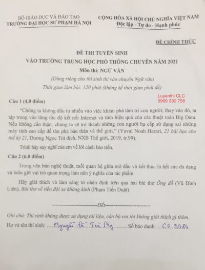 Đề thi tuyển sinh vào trường THPT CHUYÊN môn Ngữ Văn Trường Đại học Sư phạm Hà Nội năm 2021