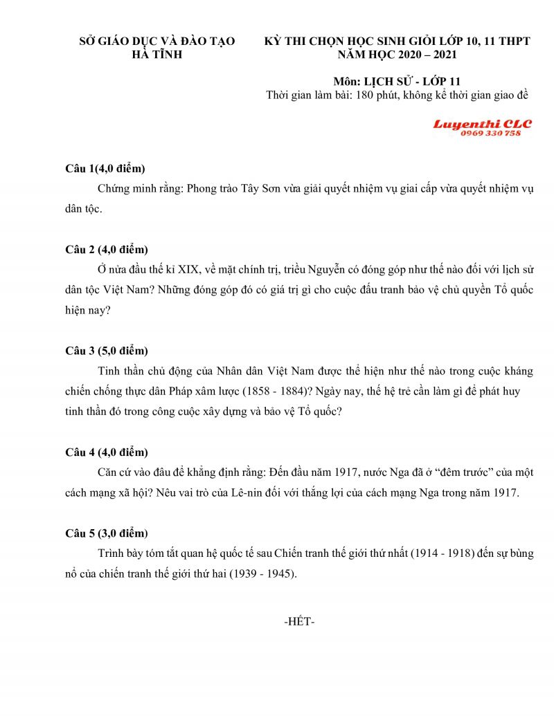 Đề thi chọn HSG m&ocirc;n Lịch Sử lớp 11 THPT tỉnh H&agrave; Tĩnh năm 2020