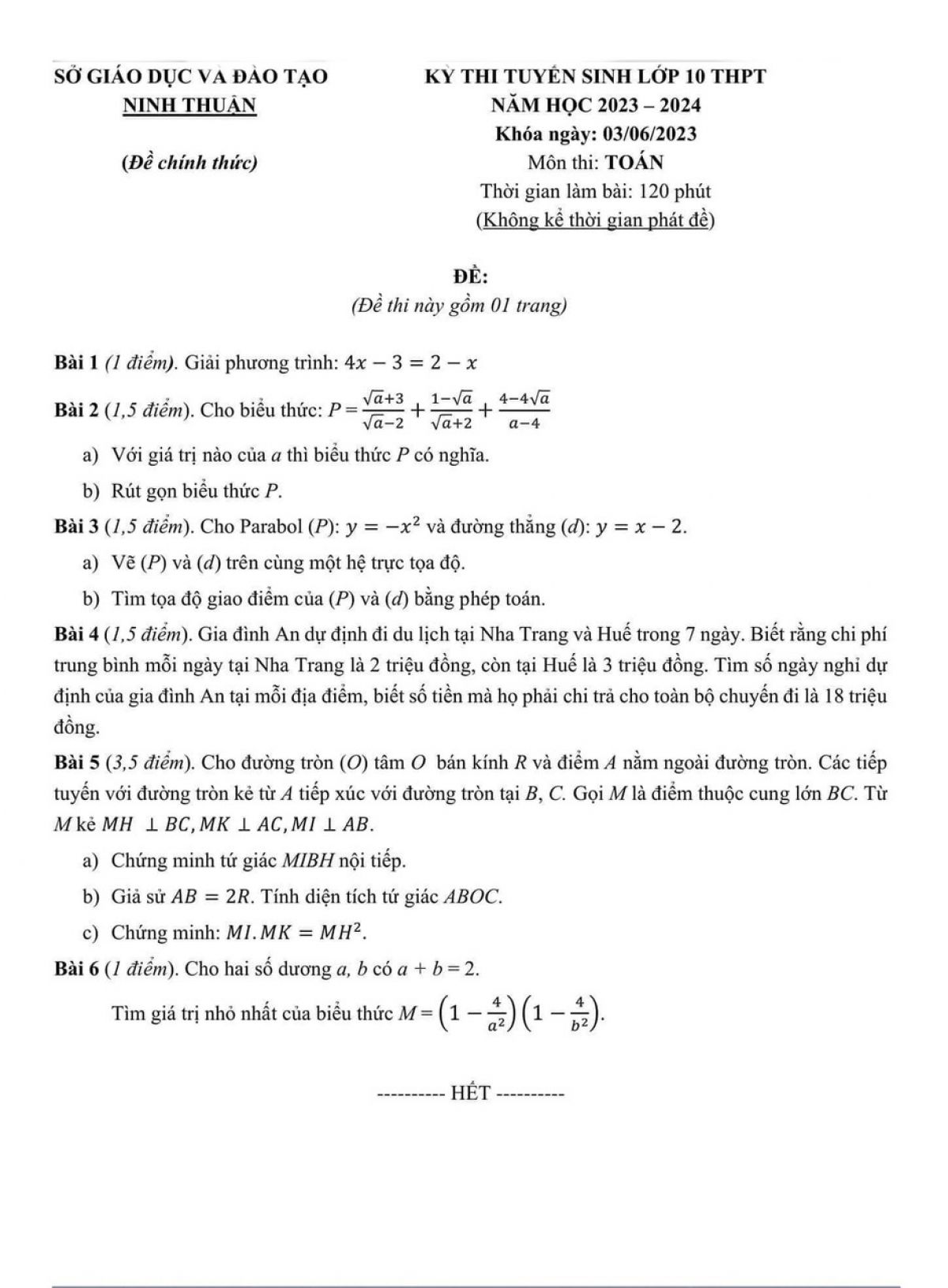 Đề thi tuyển sinh vào lớp 10 THPT môn Toán tỉnh Ninh Thuận năm 2023