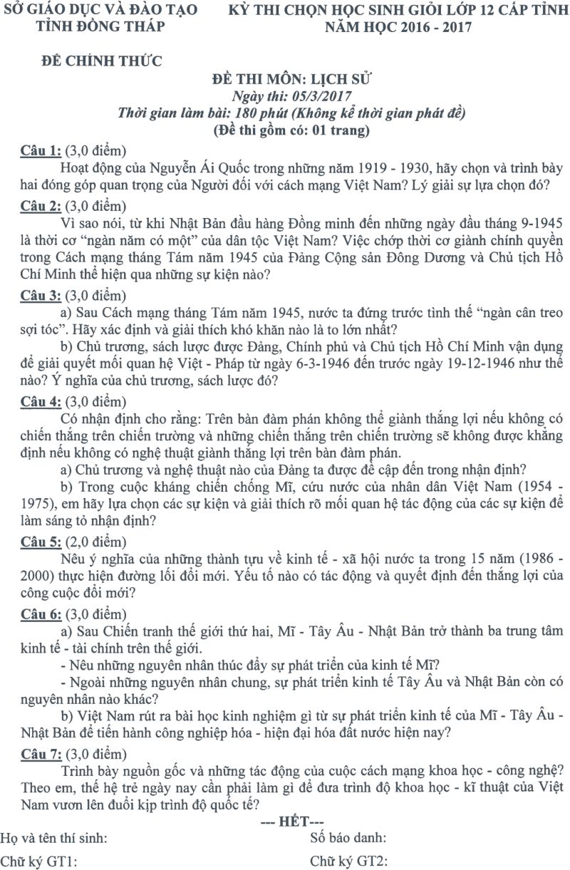 Đề thi chọn HSG lớp 12 cấp tỉnh môn Lịch Sử tỉnh Đồng Tháp năm 2017