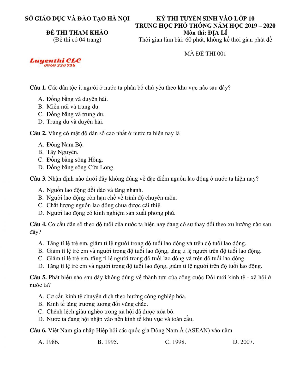Đề thi tuyển sinh v&agrave;o lớp 10 THPT m&ocirc;n Địa L&yacute; tại H&agrave; Nội năm 2019