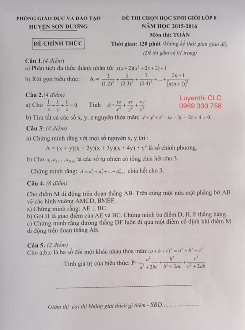 Đề thi chọn HSG môn Toán lớp 8 huyện Sơn Dương tỉnh Tuyên Quang năm 2015