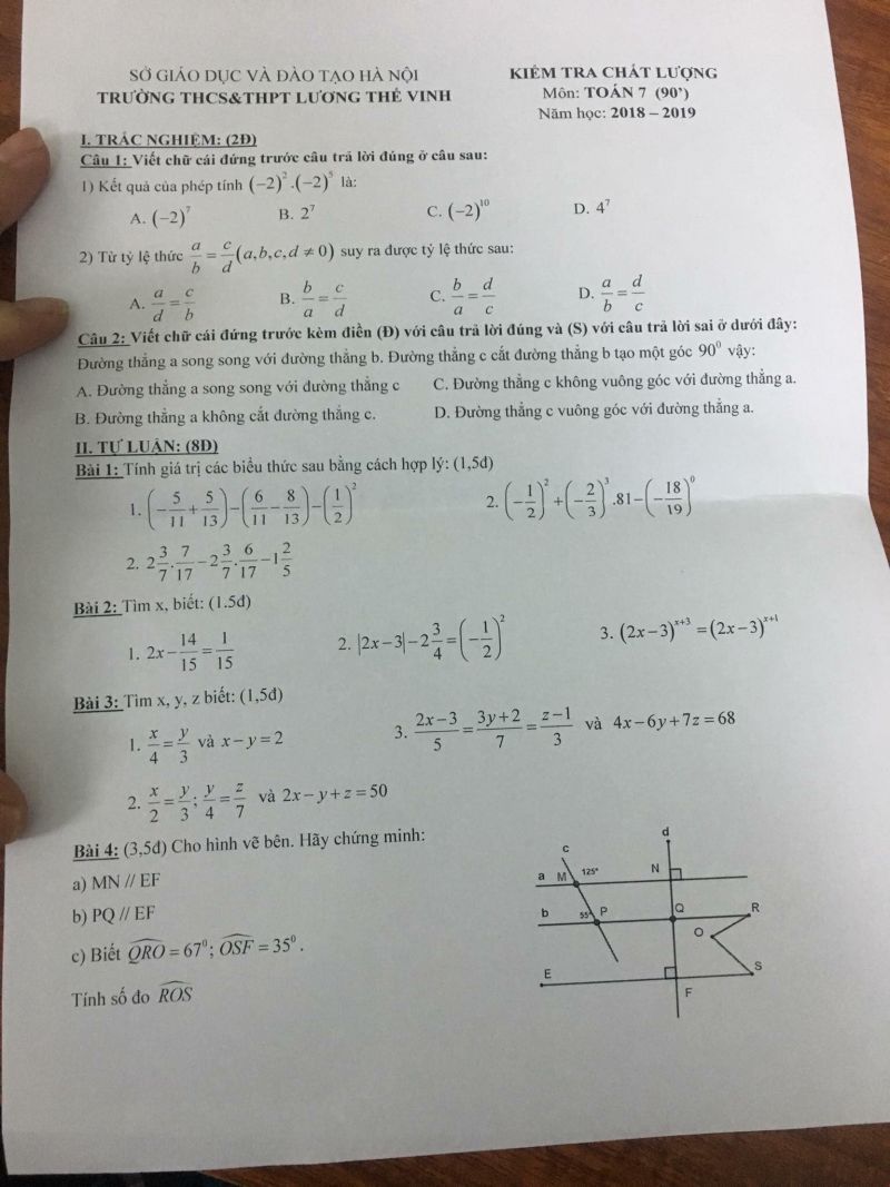 Đề kiểm tra chất lượng m&ocirc;n To&aacute;n lớp 7 Trường THCS Lương Thế Vinh năm 2018