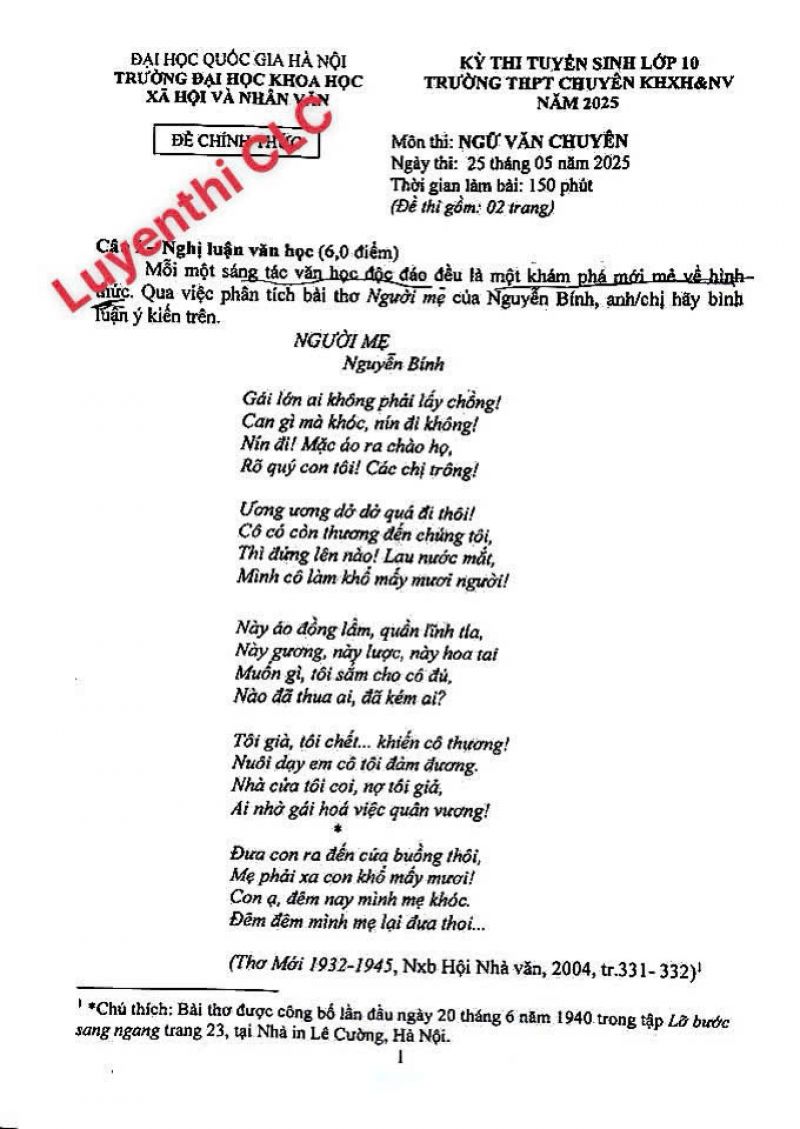 Đề thi tuyển sinh vào 10 môn Ngữ văn (chuyên)- THPT chuyên khoa học xã hội và nhân  năm 2025-2026