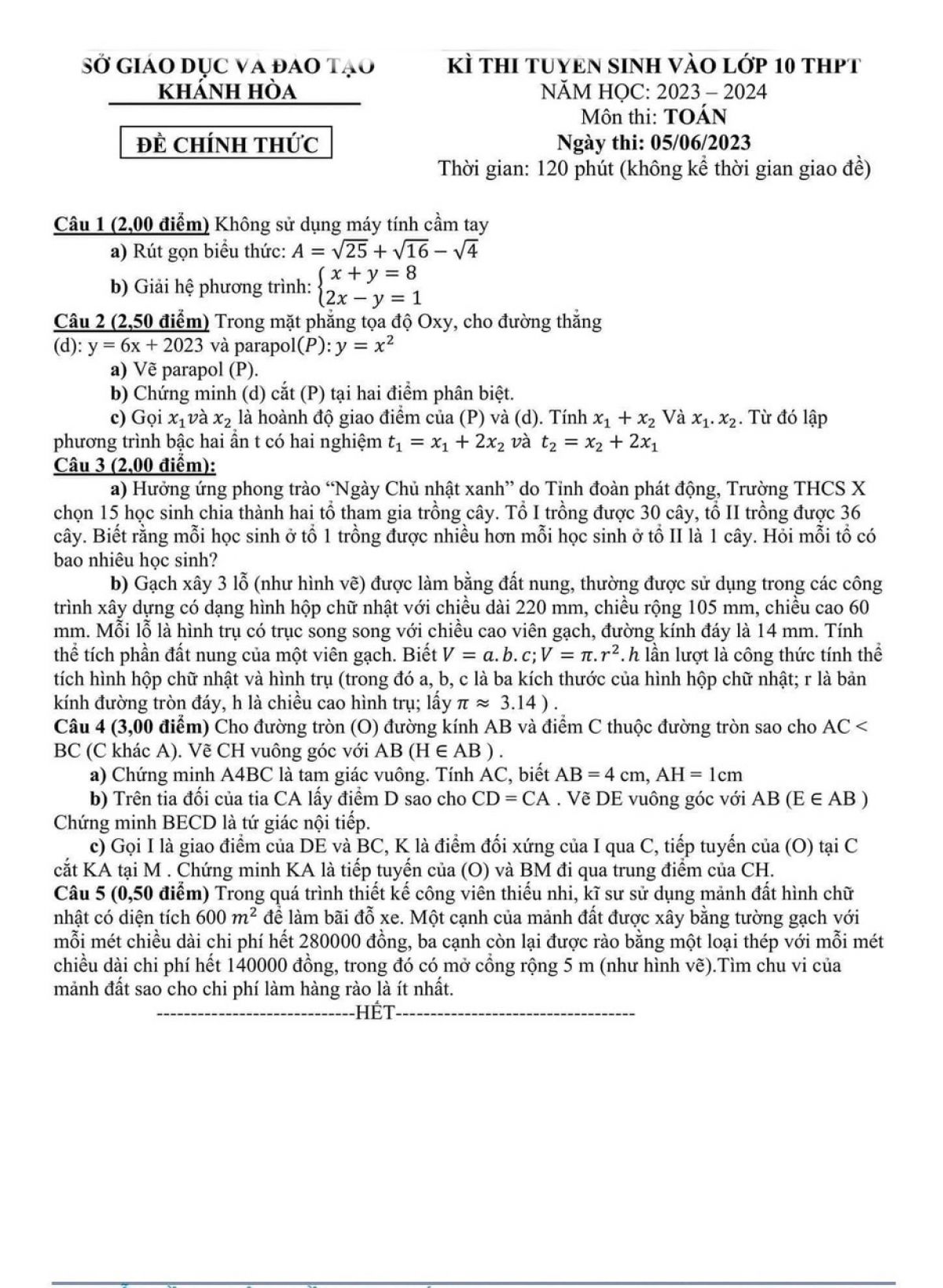 Đề thi tuyển sinh v&agrave;o lớp 10 THPT m&ocirc;n To&aacute;n tỉnh Kh&aacute;nh H&ograve;a năm 2023